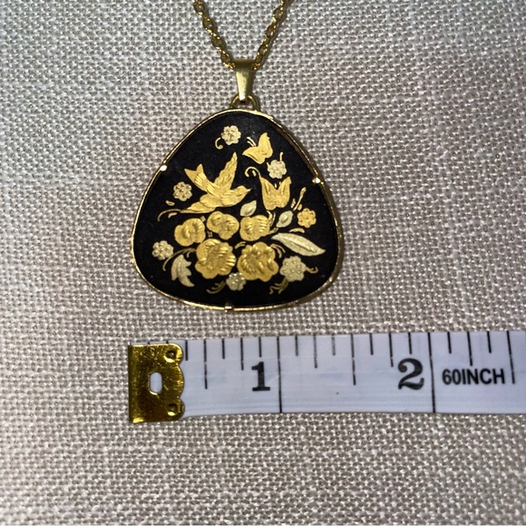 Damascene Spanish Black & Gold-Tone Engraved Inlay Flower Bird Vintage Necklace - Picture 15 of 16